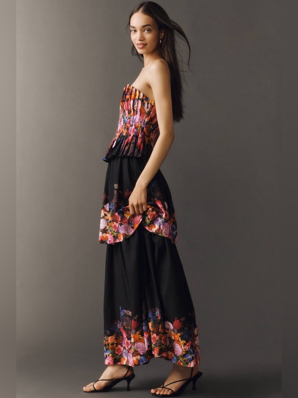 Elliatt Alice Strapless Tiered Maxi Dress in Black Floral Size S NWT
